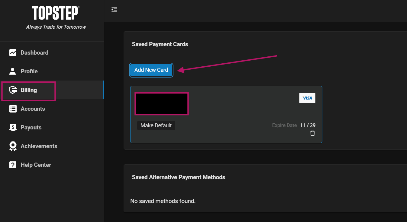 Topstep Billing page showing Saved Payment Cards and the Add New Card button