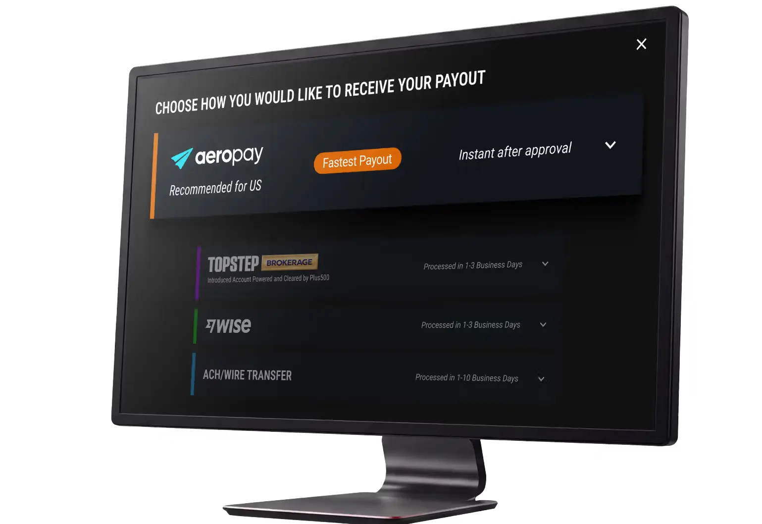 Topstep dashboard payout method selection screen showing Aeropay (instant after approval, recommended for US), Topstep Brokerage (1–3 business days), Wise (1–3 business days), and ACH/Wire Transfer (1–10 business days)